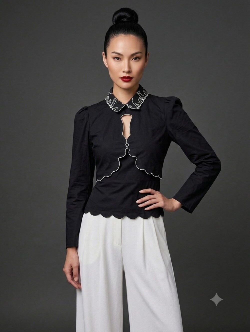 Black Scalloped Edge VIVETTA BLOUSE  with Embroidered Collar SIZE SMALL